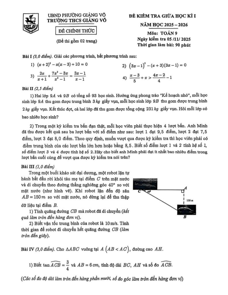 đề giữa học kì 1 toán 9 năm 2025 – 2026 trường thcs giảng võ – hà nội 0