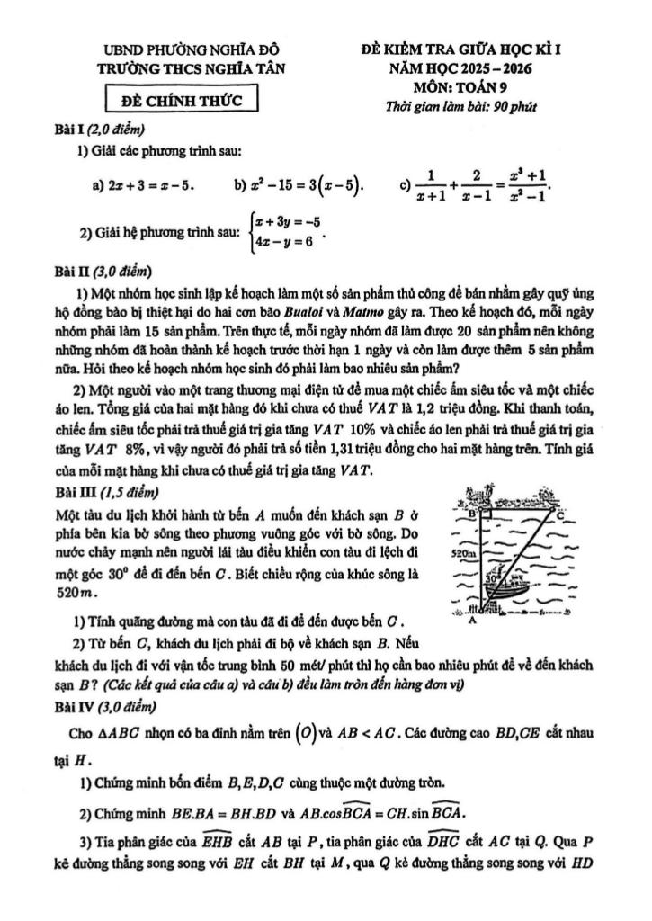 đề giữa học kì 1 toán 9 năm 2025 – 2026 trường thcs nghĩa tân – hà nội 0