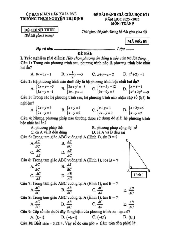 đề giữa học kì 1 toán 9 năm 2025 – 2026 trường thcs nguyễn thị định – đắk lắk 0