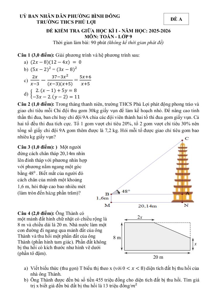 đề giữa học kì 1 toán 9 năm 2025 – 2026 trường thcs phú lợi – tp hcm 0