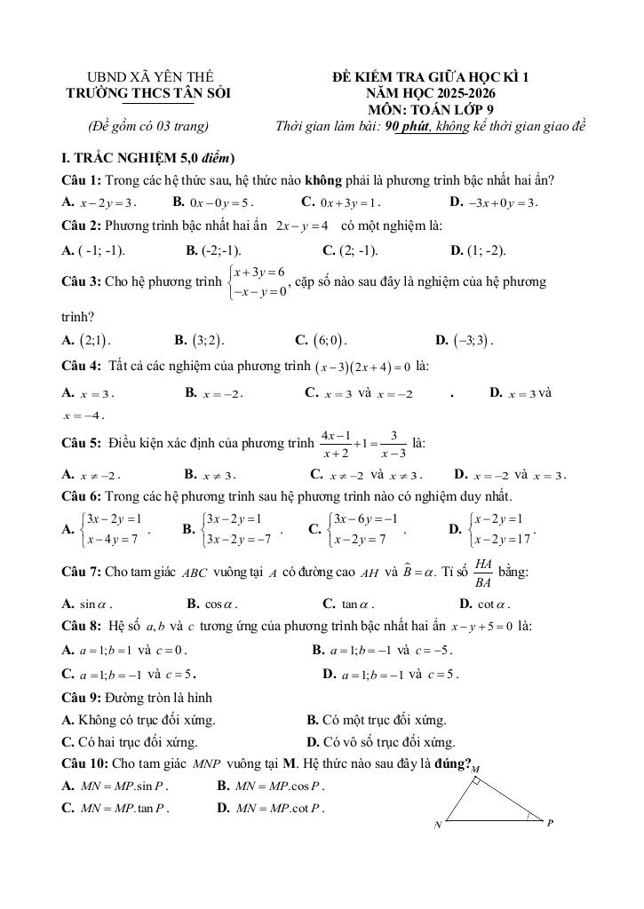 đề giữa học kì 1 toán 9 năm 2025 – 2026 trường thcs tân sỏi – bắc ninh 4