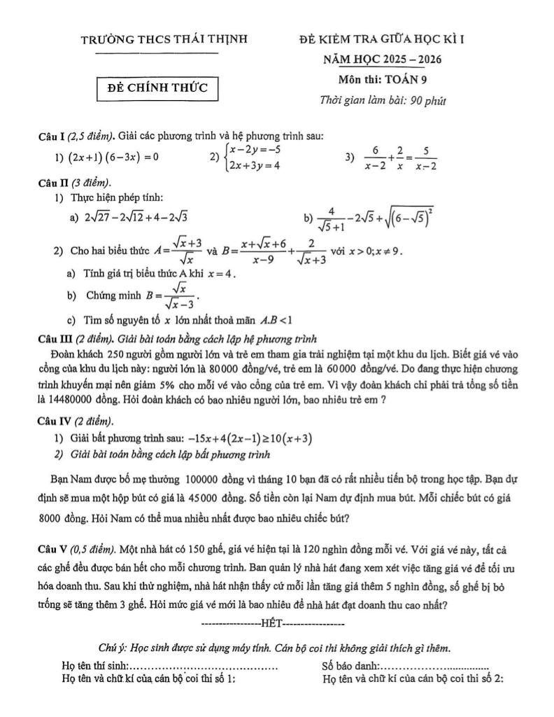 đề giữa học kì 1 toán 9 năm 2025 – 2026 trường thcs thái thịnh – hà nội