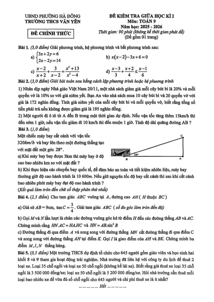 đề giữa học kì 1 toán 9 năm 2025 – 2026 trường thcs văn yên – hà nội