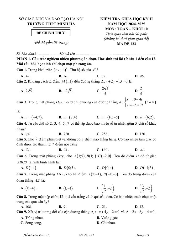 đề giữa học kì 2 toán 10 năm 2024 – 2025 trường thpt minh hà – hà nội 0