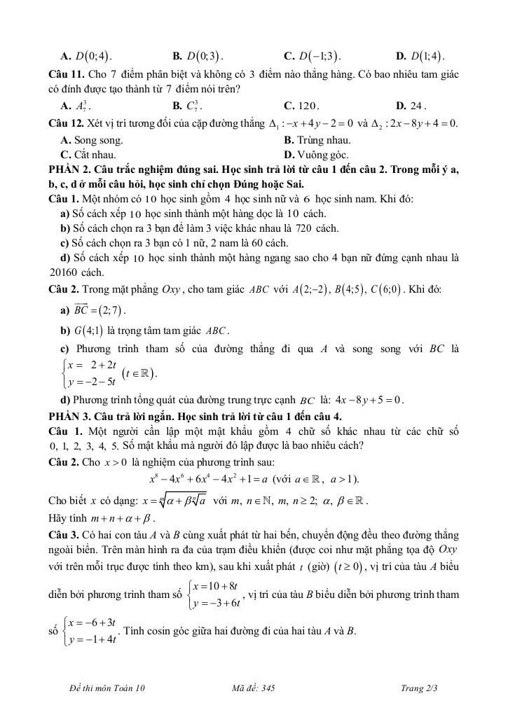 đề giữa học kì 2 toán 10 năm 2024 – 2025 trường thpt minh hà – hà nội 5