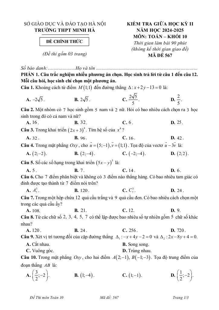 đề giữa học kì 2 toán 10 năm 2024 – 2025 trường thpt minh hà – hà nội 8