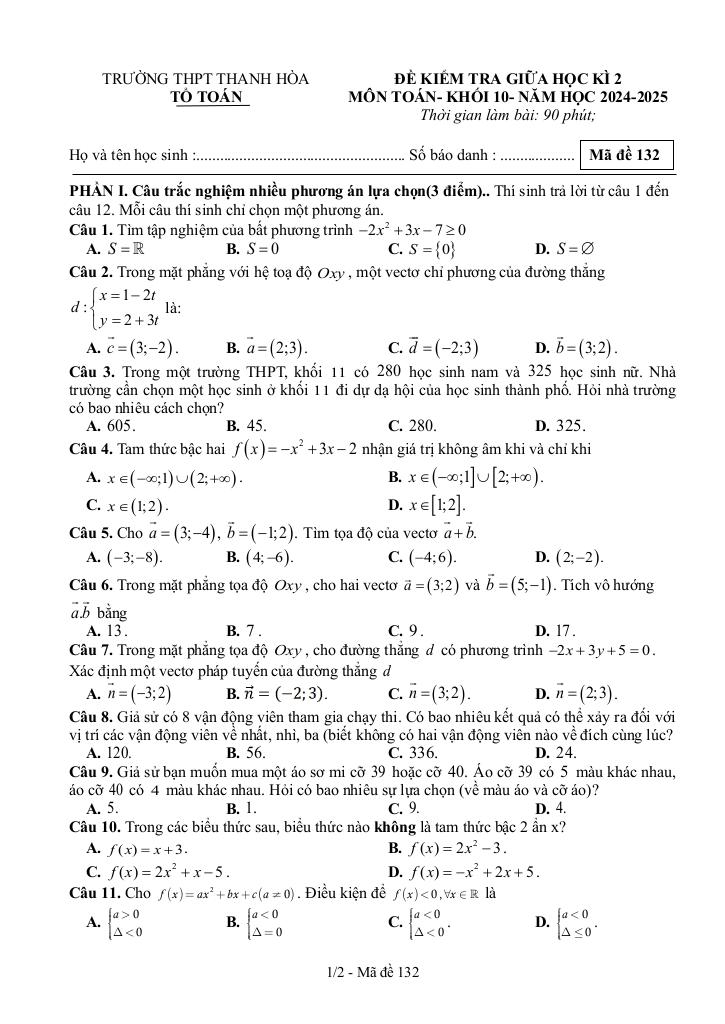 đề giữa học kì 2 toán 10 năm 2024 – 2025 trường thpt thanh hòa – bình phước 0