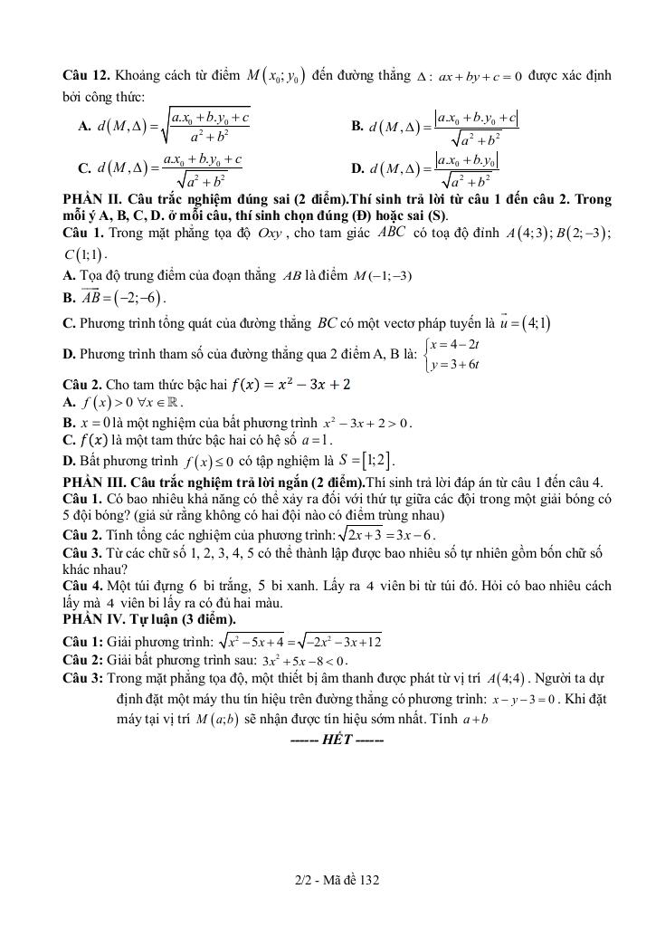 đề giữa học kì 2 toán 10 năm 2024 – 2025 trường thpt thanh hòa – bình phước 1