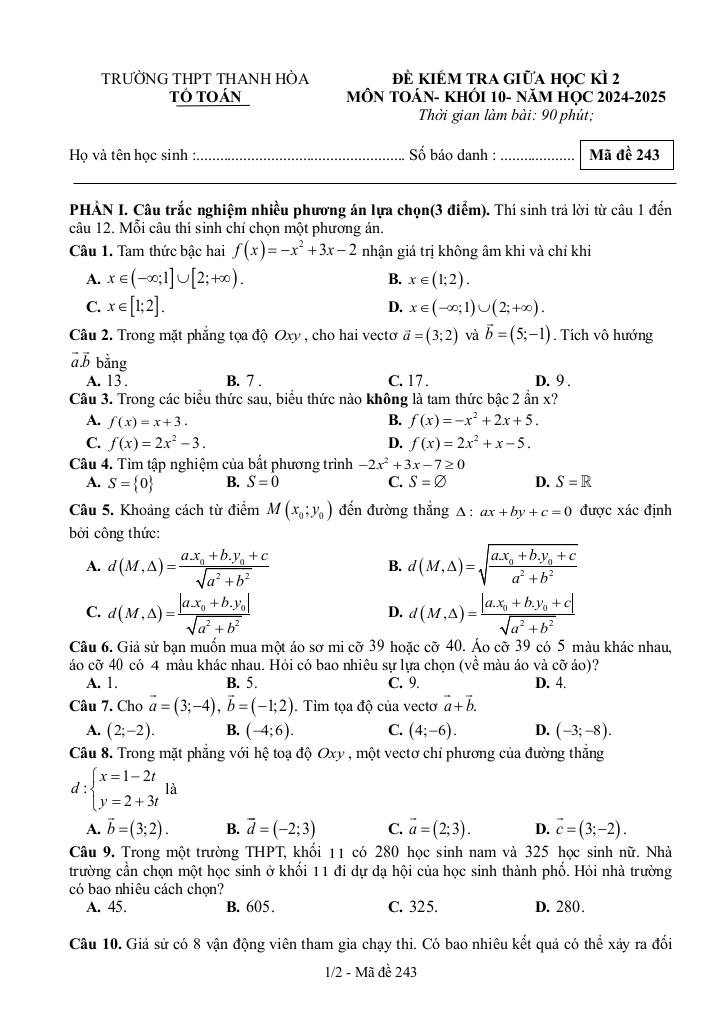 đề giữa học kì 2 toán 10 năm 2024 – 2025 trường thpt thanh hòa – bình phước 2