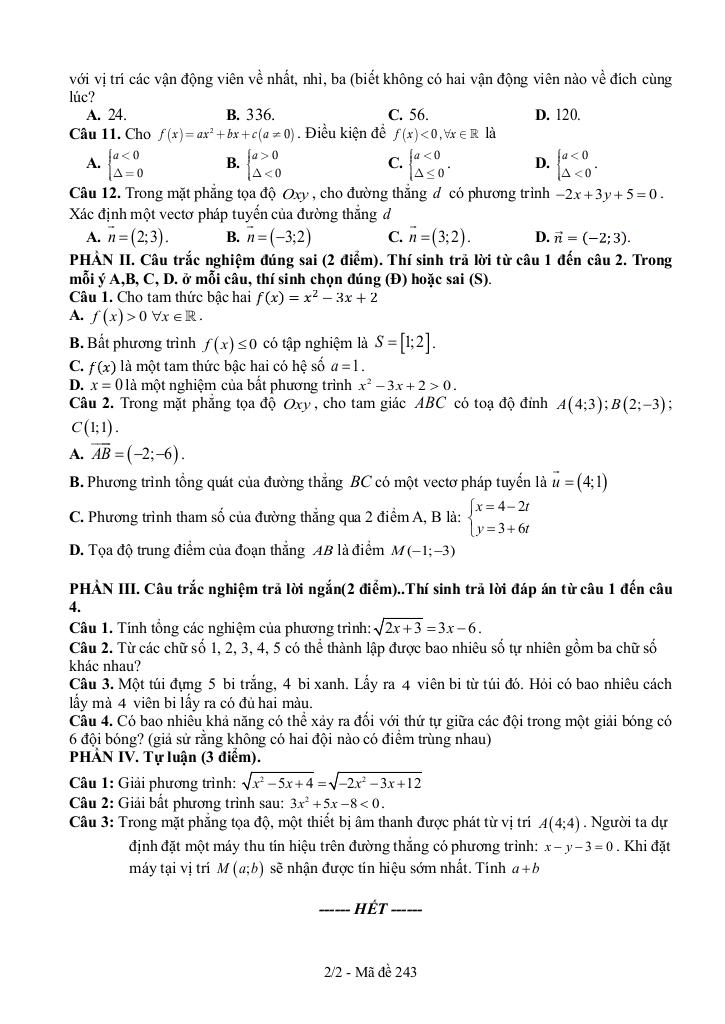 đề giữa học kì 2 toán 10 năm 2024 – 2025 trường thpt thanh hòa – bình phước 3