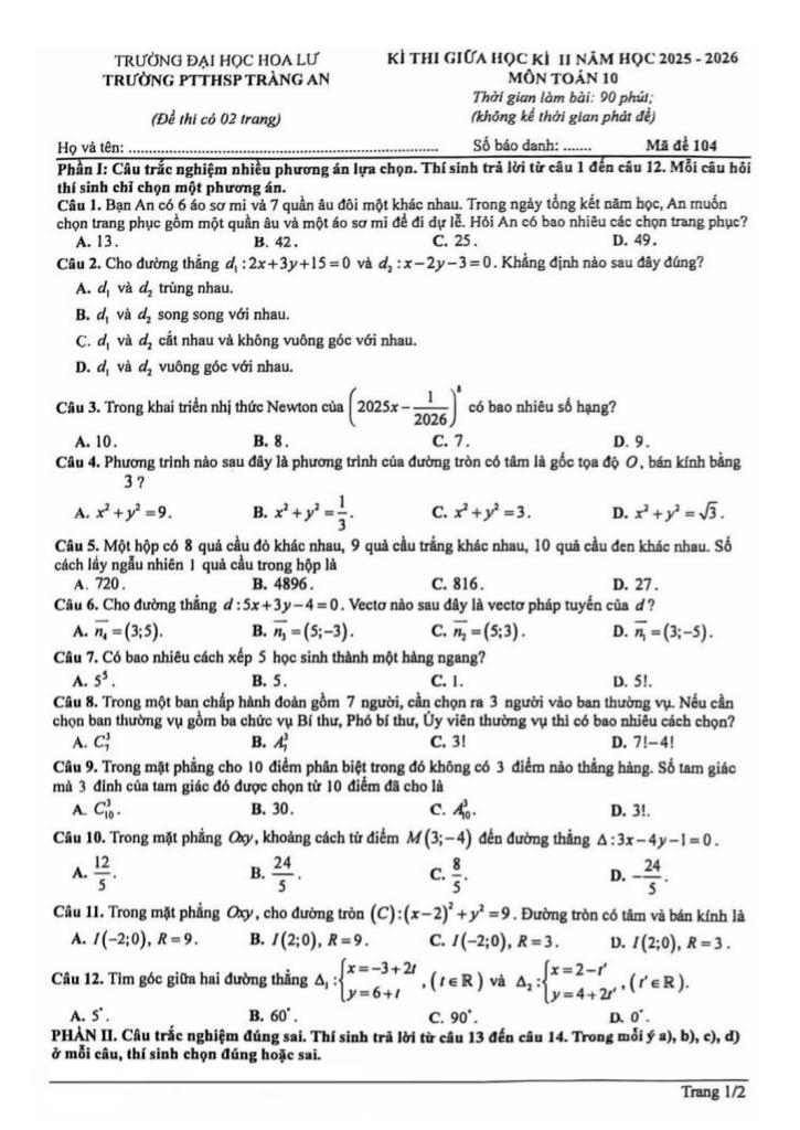 đề giữa học kì 2 toán 10 năm 2025 – 2026 trường ptthsp tràng an – ninh bình - hình 1