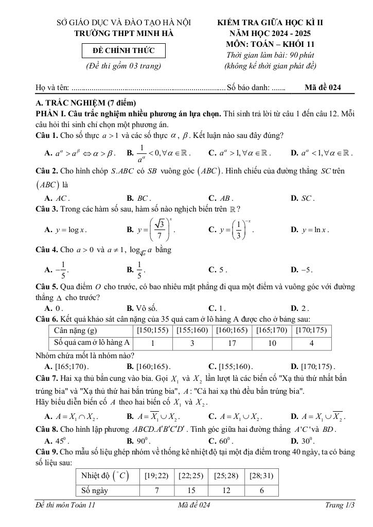 đề giữa học kì 2 toán 11 năm 2024 – 2025 trường thpt minh hà – hà nội 0
