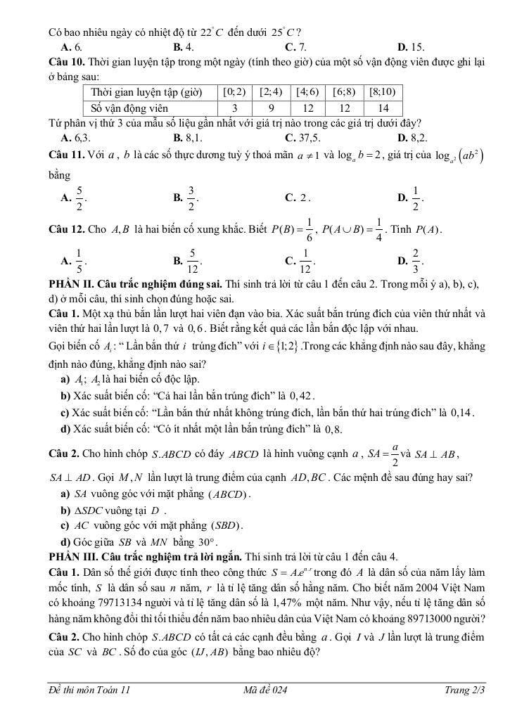đề giữa học kì 2 toán 11 năm 2024 – 2025 trường thpt minh hà – hà nội 1