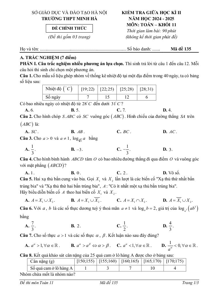 đề giữa học kì 2 toán 11 năm 2024 – 2025 trường thpt minh hà – hà nội 3