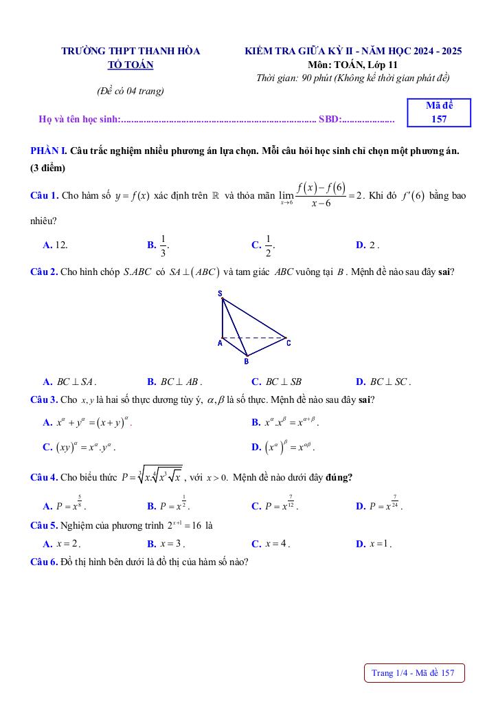 đề giữa học kì 2 toán 11 năm 2024 – 2025 trường thpt thanh hòa – bình phước 0