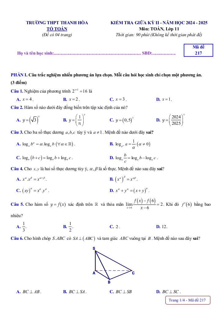 đề giữa học kì 2 toán 11 năm 2024 – 2025 trường thpt thanh hòa – bình phước 4