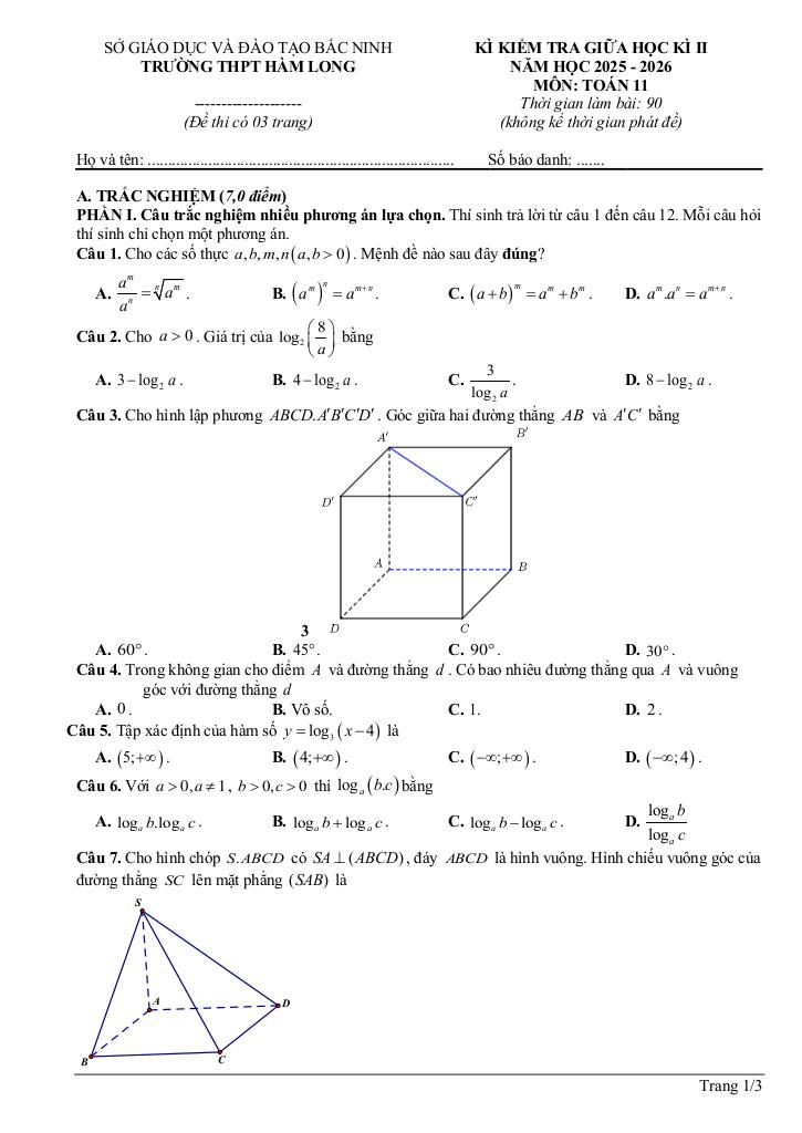 đề giữa học kì 2 toán 11 năm 2025 – 2026 trường thpt hàm long – bắc ninh - hình 1