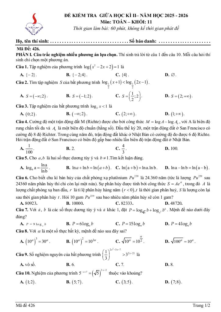 đề giữa học kì 2 toán 11 năm 2025 – 2026 trường thpt võ thị sáu – tp hcm - hình 1
