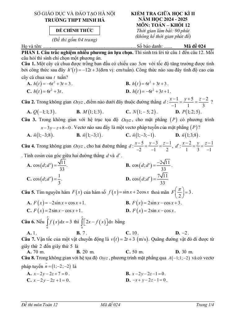 đề giữa học kì 2 toán 12 năm 2024 – 2025 trường thpt minh hà – hà nội 0