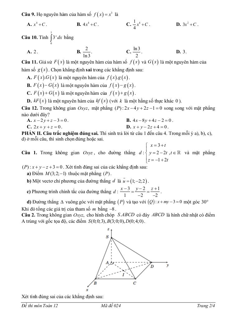 đề giữa học kì 2 toán 12 năm 2024 – 2025 trường thpt minh hà – hà nội 1