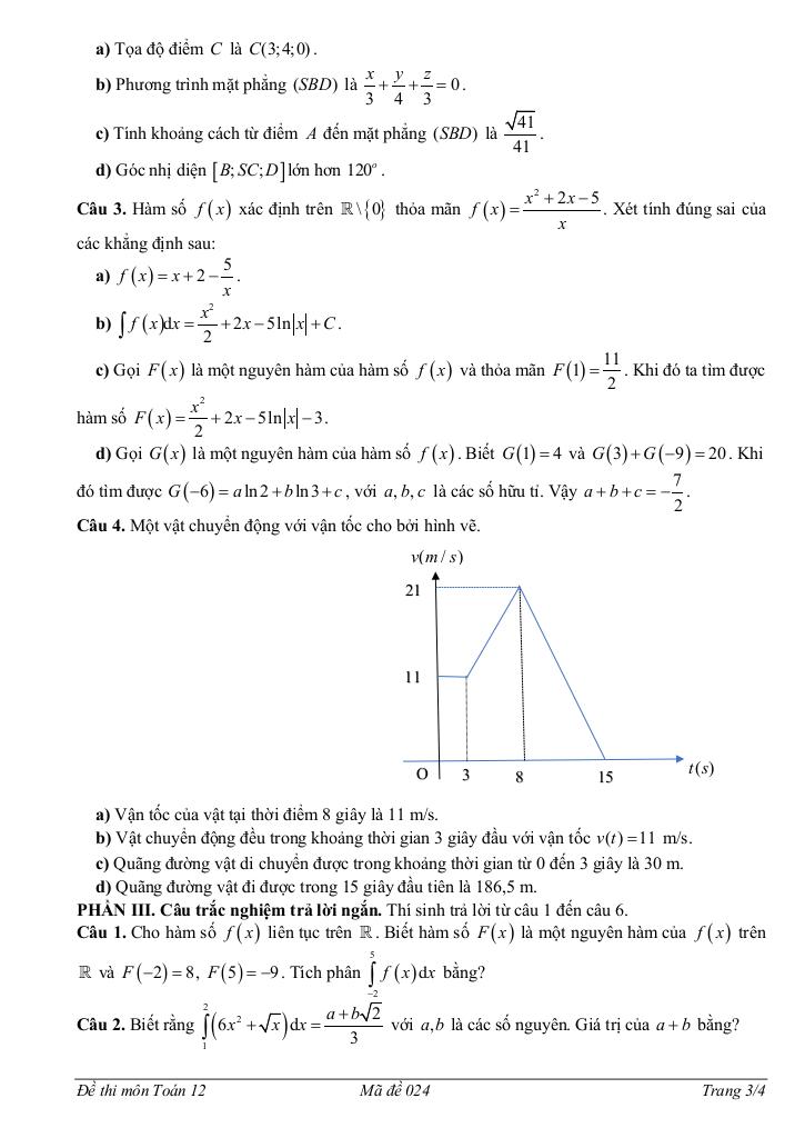 đề giữa học kì 2 toán 12 năm 2024 – 2025 trường thpt minh hà – hà nội 2