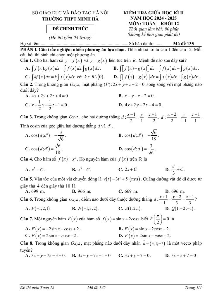 đề giữa học kì 2 toán 12 năm 2024 – 2025 trường thpt minh hà – hà nội 4