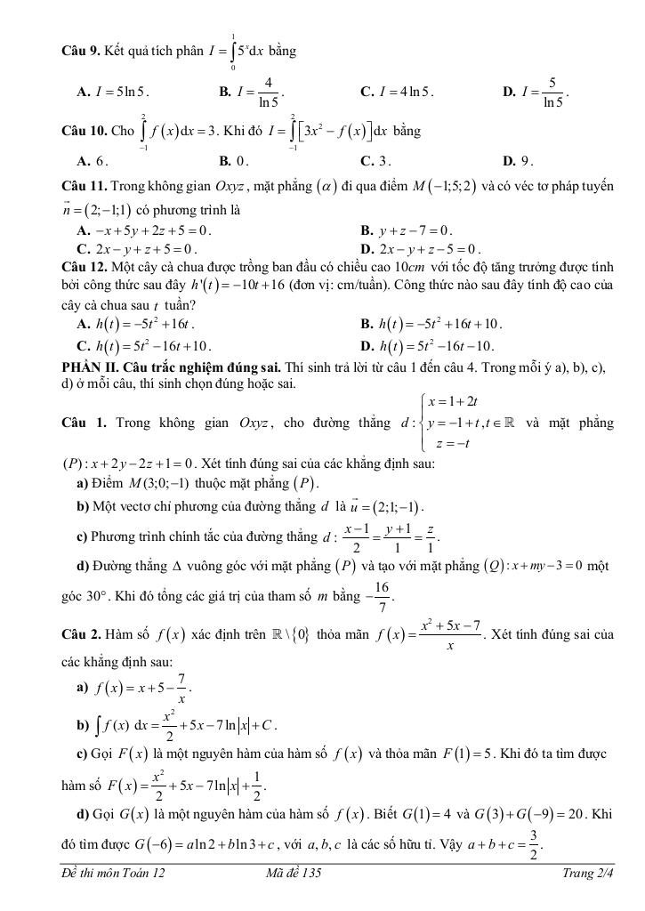 đề giữa học kì 2 toán 12 năm 2024 – 2025 trường thpt minh hà – hà nội 5