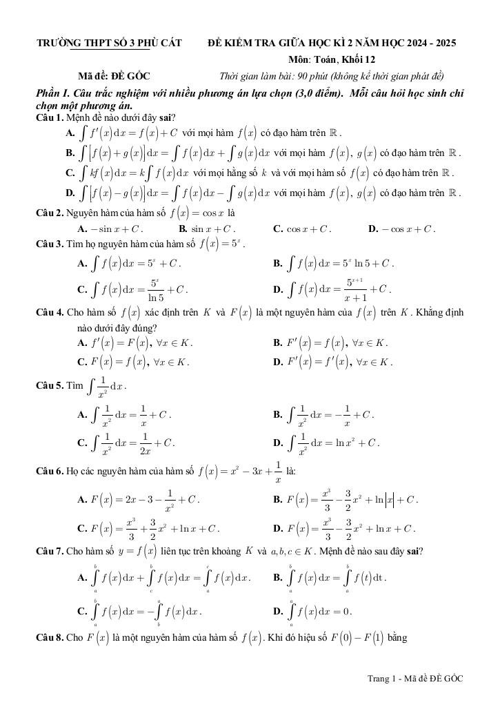 đề giữa học kì 2 toán 12 năm 2024 – 2025 trường thpt phù cát 3 – bình định 0