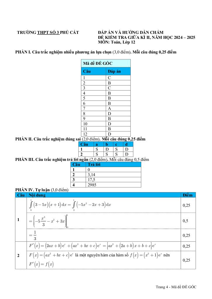 đề giữa học kì 2 toán 12 năm 2024 – 2025 trường thpt phù cát 3 – bình định 3