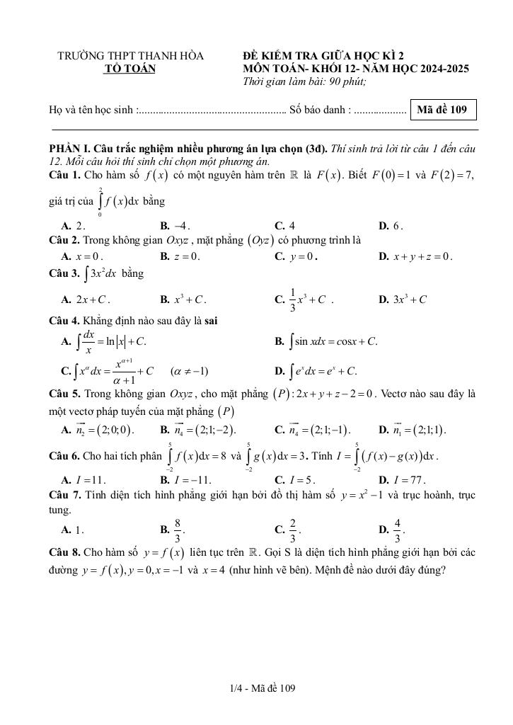 đề giữa học kì 2 toán 12 năm 2024 – 2025 trường thpt thanh hòa – bình phước 0