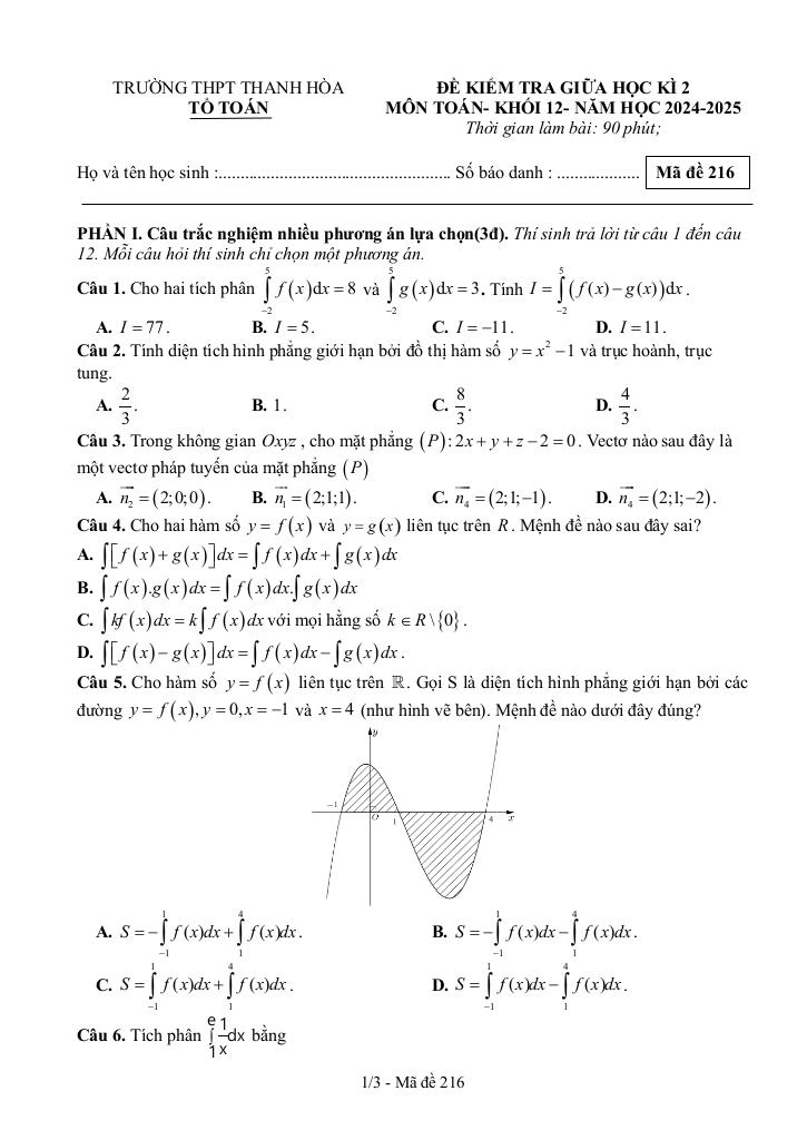 đề giữa học kì 2 toán 12 năm 2024 – 2025 trường thpt thanh hòa – bình phước 4