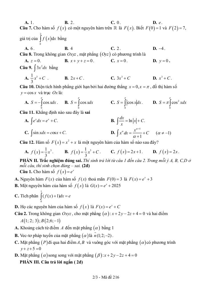 đề giữa học kì 2 toán 12 năm 2024 – 2025 trường thpt thanh hòa – bình phước 5