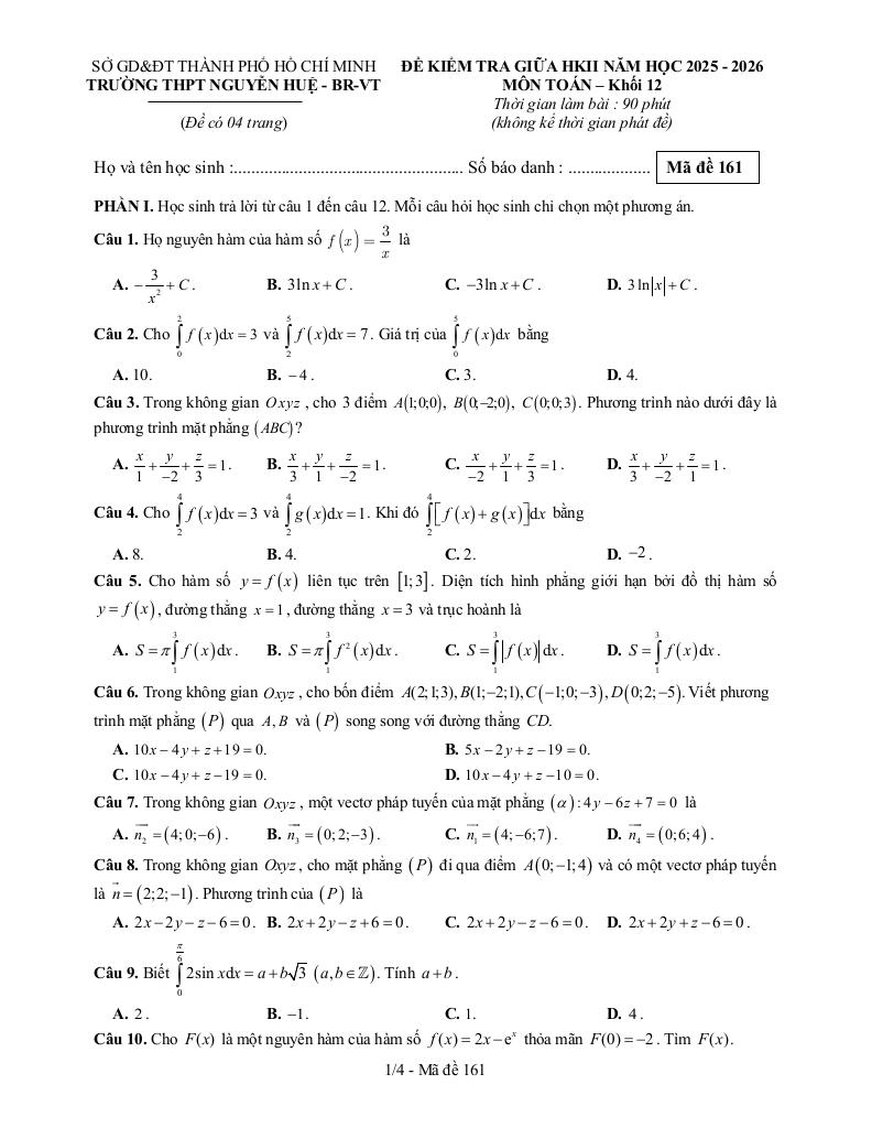 đề giữa học kì 2 toán 12 năm 2025 – 2026 trường thpt nguyễn huệ – tp hcm - hình 1