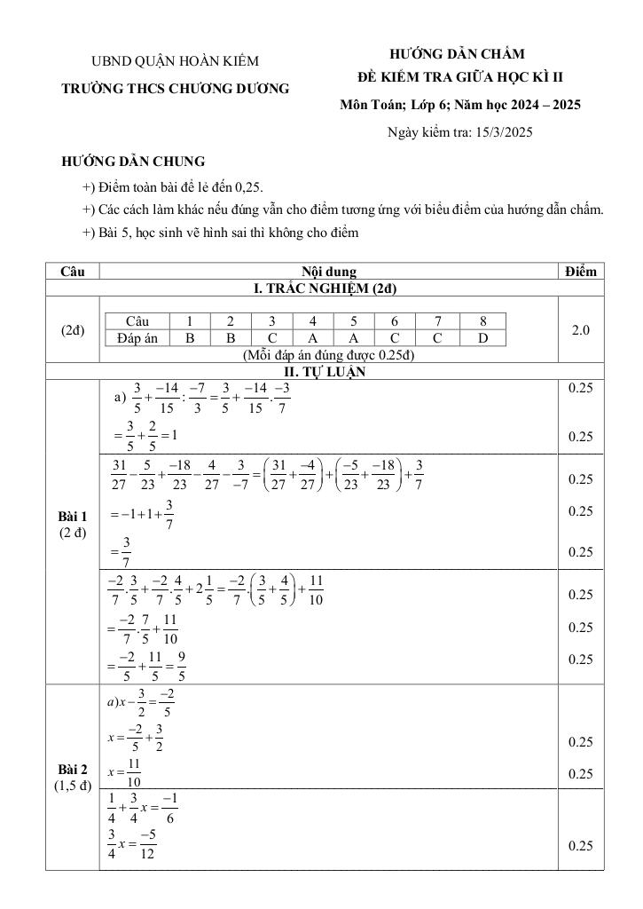 đề giữa học kì 2 toán 6 năm 2024 – 2025 trường thcs chương dương – hà nội 2