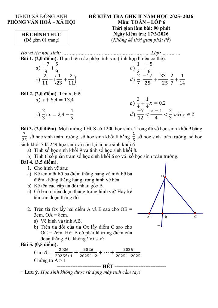 đề giữa học kì 2 toán 6 năm 2025 – 2026 xã đông anh – hà nội - hình 1