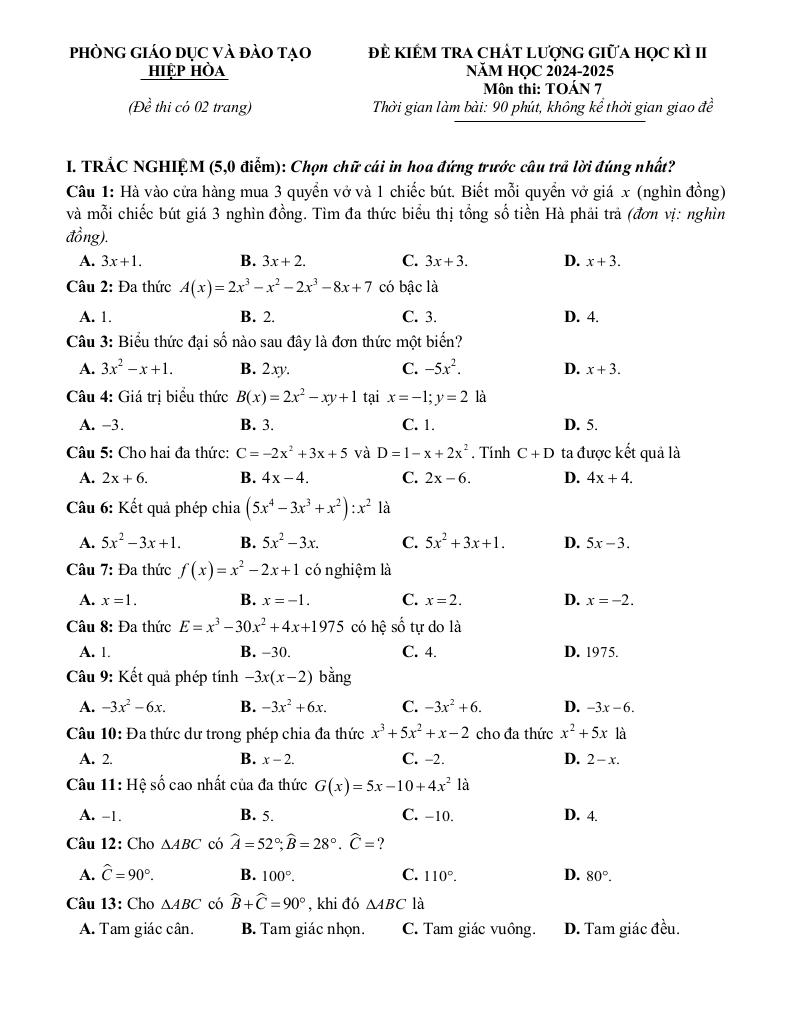 đề giữa học kì 2 toán 7 năm 2024 – 2025 phòng gd&đt hiệp hòa – bắc giang - hình 1