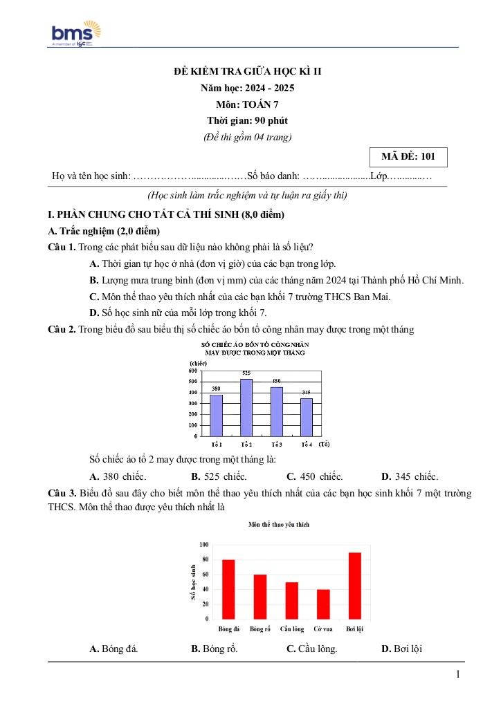 đề giữa học kì 2 toán 7 năm 2024 – 2025 trường ban mai school – hà nội - hình 1
