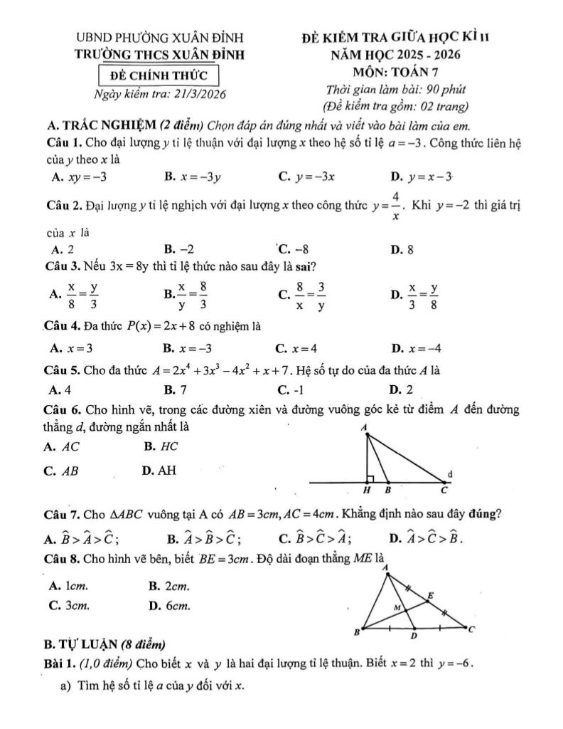 đề giữa học kì 2 toán 7 năm 2025 – 2026 trường thcs xuân đỉnh – hà nội - hình 1