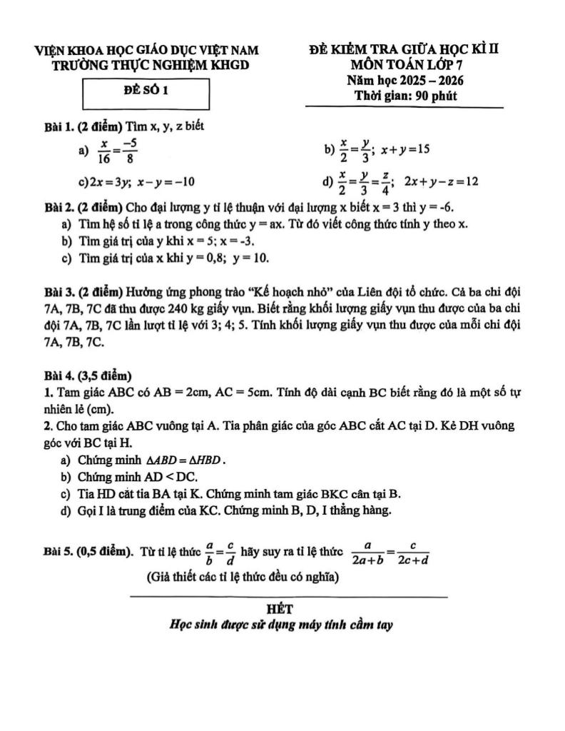 đề giữa học kì 2 toán 7 năm 2025 – 2026 trường thực nghiệm khgd – hà nội