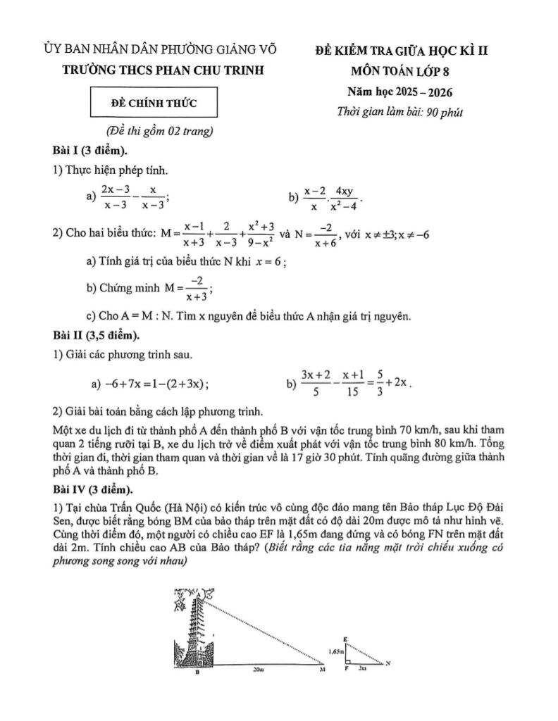 đề giữa học kì 2 toán 8 năm 2025 – 2026 trường thcs phan chu trinh – hà nội - hình 1