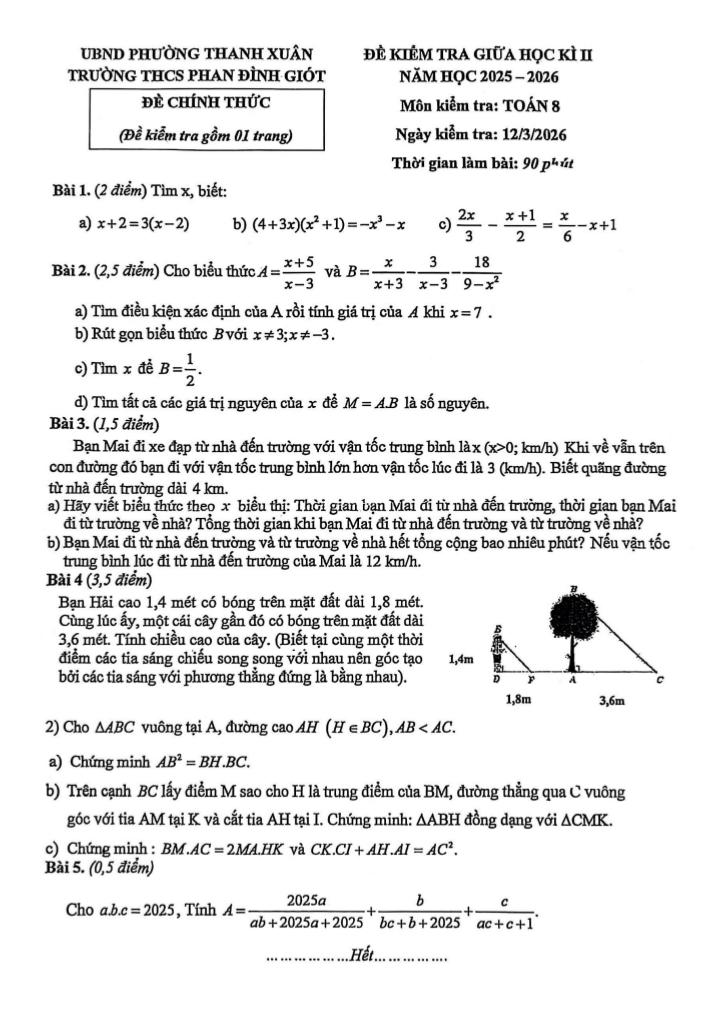 đề giữa học kì 2 toán 8 năm 2025 – 2026 trường thcs phan đình giót – hà nội