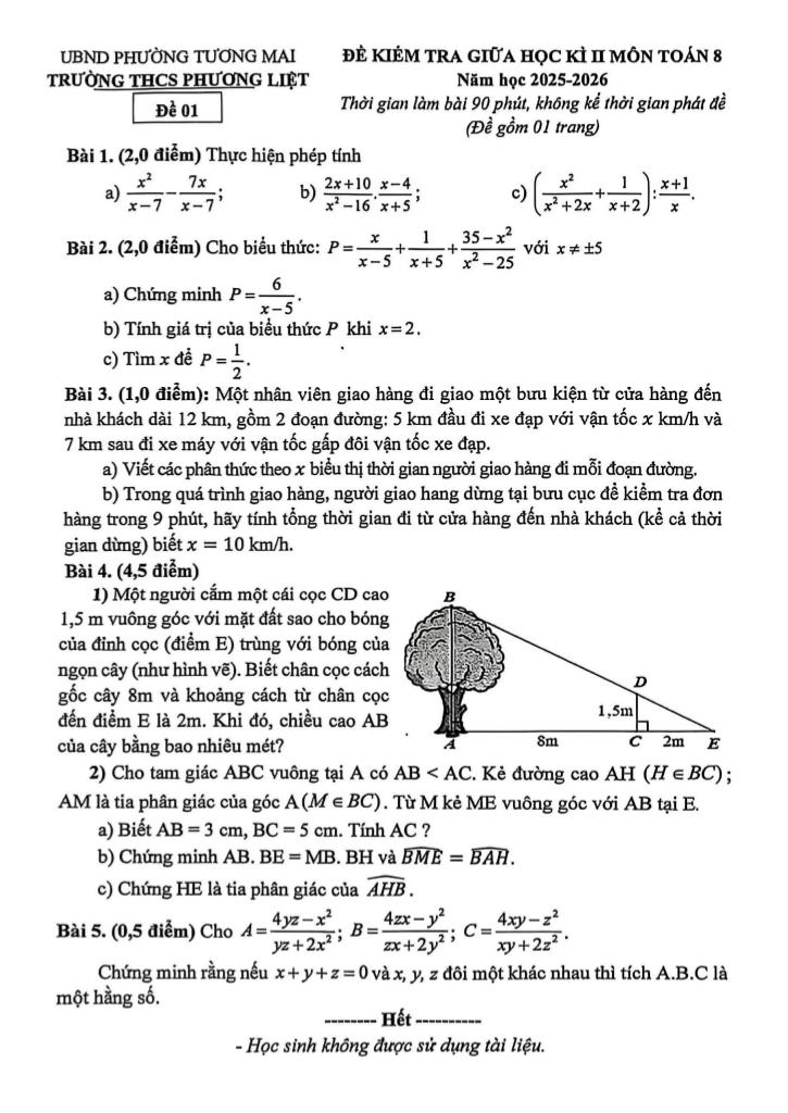 đề giữa học kì 2 toán 8 năm 2025 – 2026 trường thcs phương liệt – hà nội