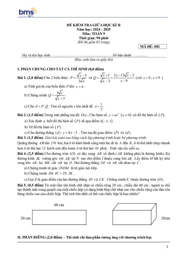 đề giữa học kì 2 toán 9 năm 2024 – 2025 trường ban mai school – hà nội - hình 1