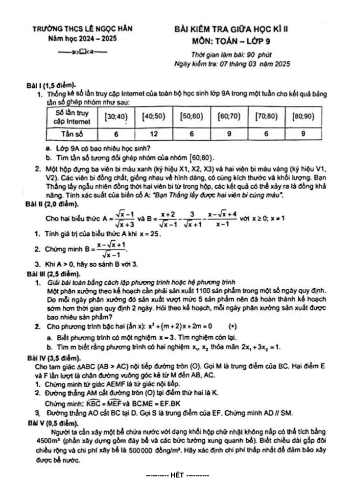 đề giữa học kì 2 toán 9 năm 2024 – 2025 trường thcs lê ngọc hân – hà nội