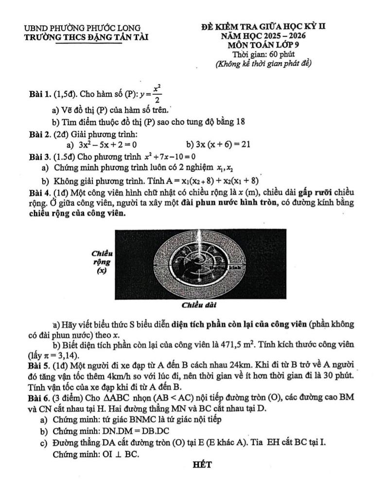 đề giữa học kì 2 toán 9 năm 2025 – 2026 trường thcs đặng tấn tài – tp hcm