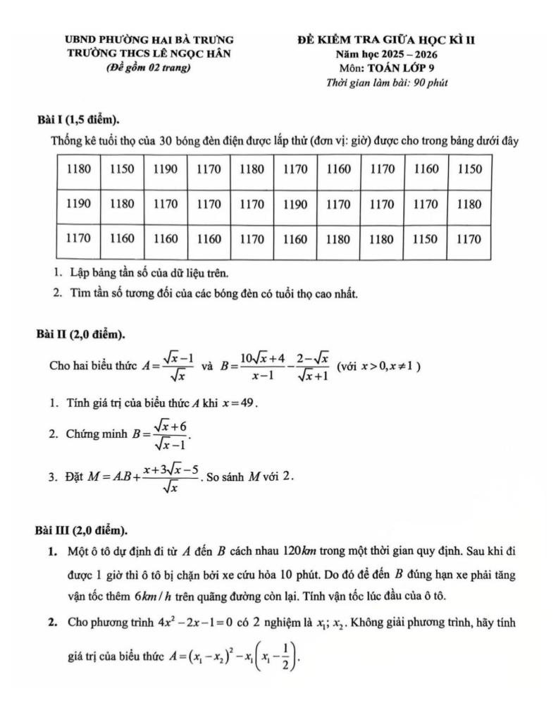 đề giữa học kì 2 toán 9 năm 2025 – 2026 trường thcs lê ngọc hân – hà nội - hình 1