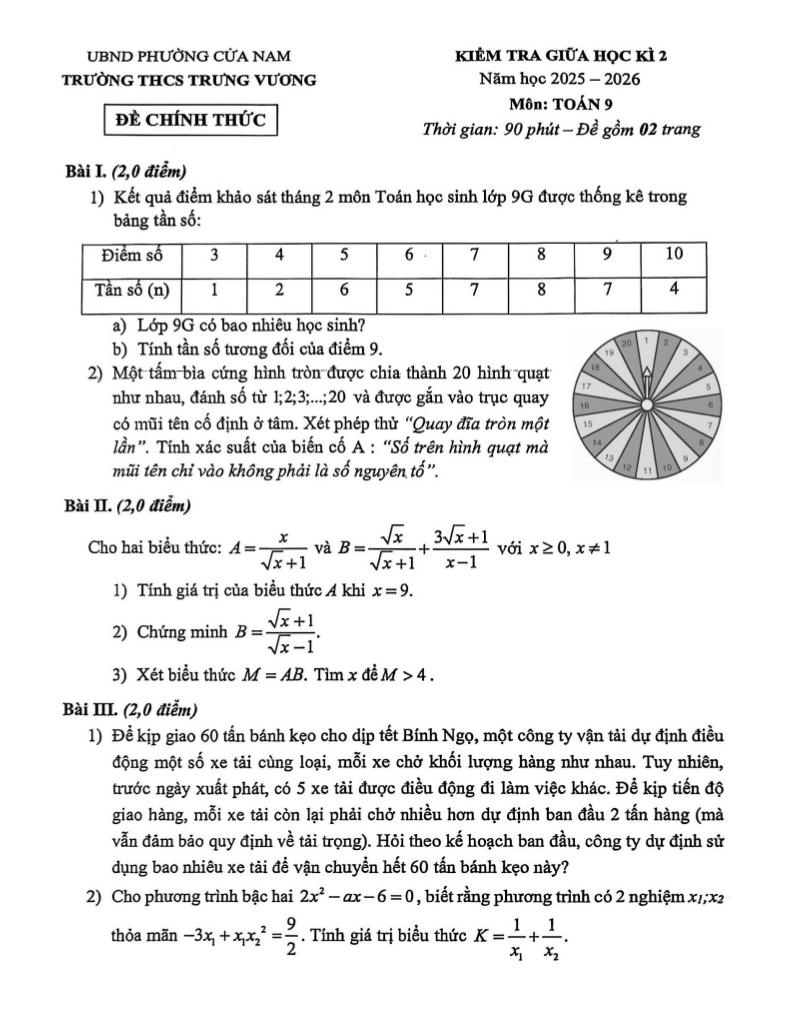 đề giữa học kì 2 toán 9 năm 2025 – 2026 trường thcs trưng vương – hà nội - hình 1