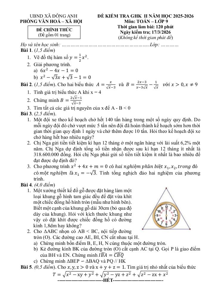 đề giữa học kì 2 toán 9 năm 2025 – 2026 xã đông anh – hà nội - hình 1