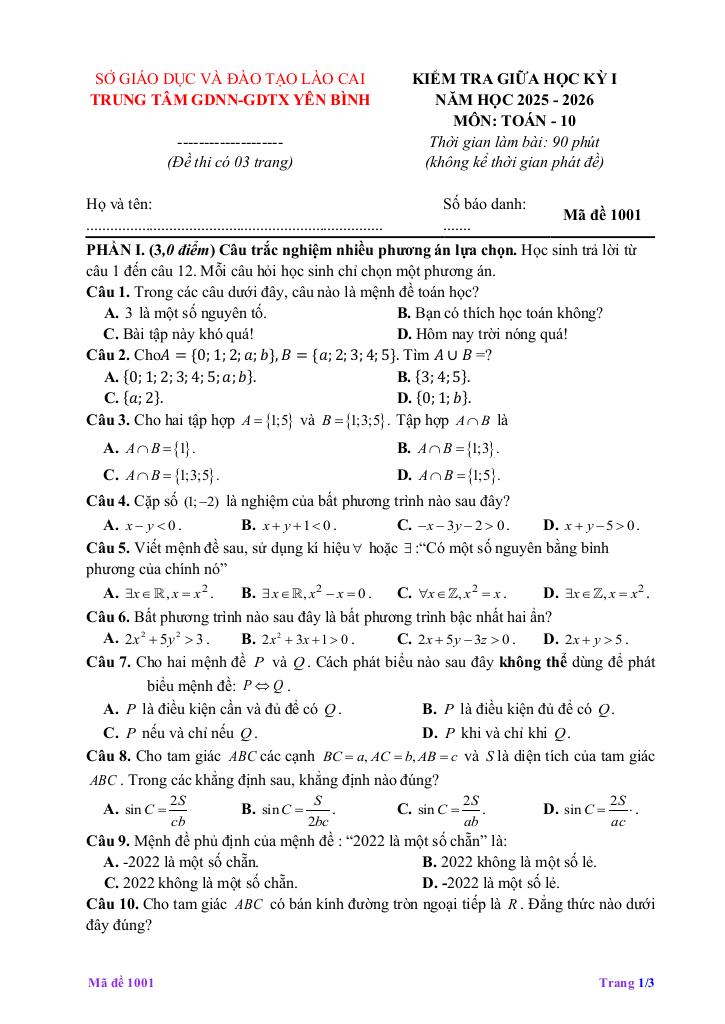 đề giữa học kỳ 1 toán 10 năm 2025 – 2026 trung tâm gdtx yên bình – lào cai 0