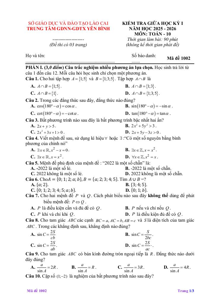 đề giữa học kỳ 1 toán 10 năm 2025 – 2026 trung tâm gdtx yên bình – lào cai 3